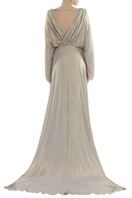 Shop_Kommal Sood_Gold Overlap Trail Gown _at_Aza_Fashions