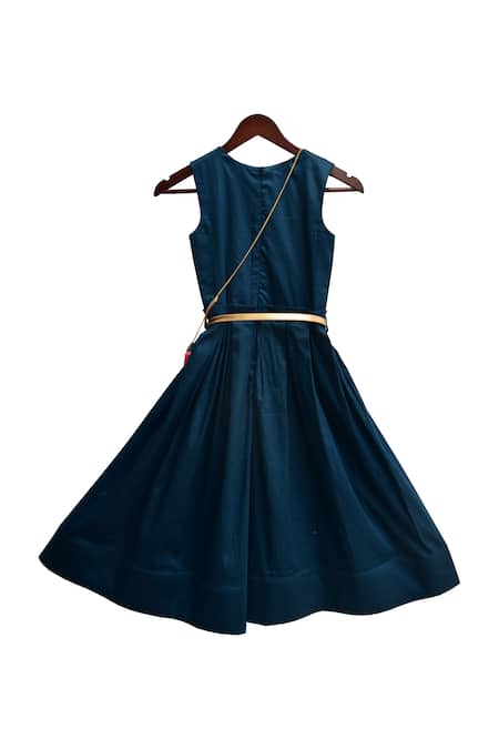 Shop Fayon Kids Blue Satin, Modal Fabric Flowers Jumpsuit With Detailing at Aza Fashions Shop_Fayon Kids_Blue Satin, Modal Fabric Flowers Jumpsuit With Detailing _at_Aza_Fashions