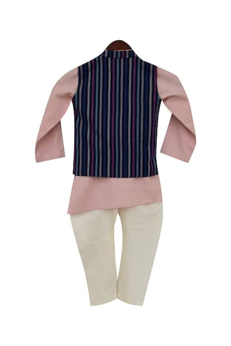 Shop Fayon Kids Pink Linen, Cotton Brooches Nehru Jacket With Kurta And Churidar at Aza Fashions Shop_Fayon Kids_Pink Linen, Cotton Brooches Nehru Jacket With Kurta And Churidar _at_Aza_Fashions