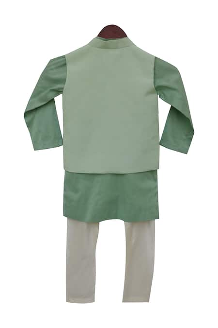 Shop Fayon Kids Green Linen, Cotton, Silk Nehru Jacket Kurta Set at Aza Fashions Shop_Fayon Kids_Green Linen, Cotton, Silk Nehru Jacket Kurta Set _at_Aza_Fashions