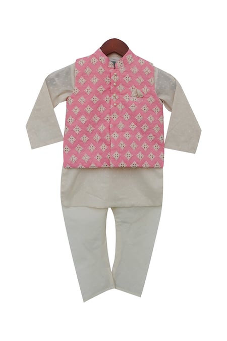 Fayon Kids Pink Cotton, Silk Embroidery Kurta And Chuidar With Jacket 