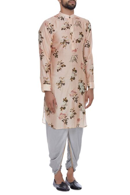 Pranay Baidya_Peach Chanderi, Cotton Silk Floral Printed Kurta With Dhoti Pant_Online_at_Aza_Fashions