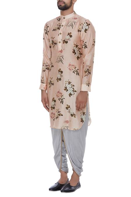 Buy_Pranay Baidya_Peach Chanderi, Cotton Silk Floral Printed Kurta With Dhoti Pant_Online_at_Aza_Fashions