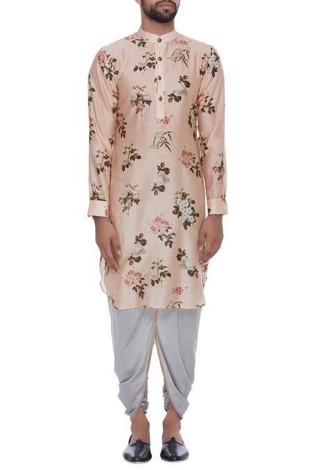 Shop_Pranay Baidya_Peach Chanderi, Cotton Silk Floral Printed Kurta With Dhoti Pant_Online_at_Aza_Fashions
