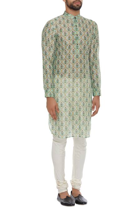 Pranay Baidya_Green Chanderi Floral Printed Classic Kurta_Online_at_Aza_Fashions