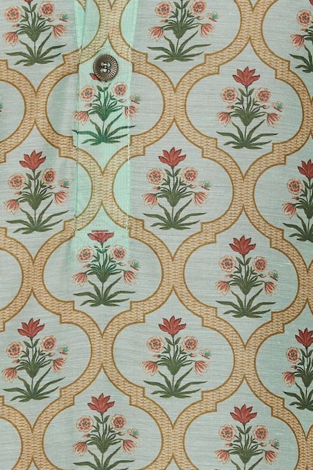 Pranay Baidya_Green Chanderi Floral Printed Classic Kurta_at_Aza_Fashions