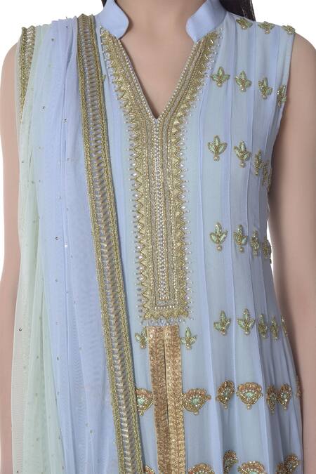 Buy_Bhumika Grover_Blue Mandarin Collar Embroidered Anarkali Set_Online_at_Aza_Fashions