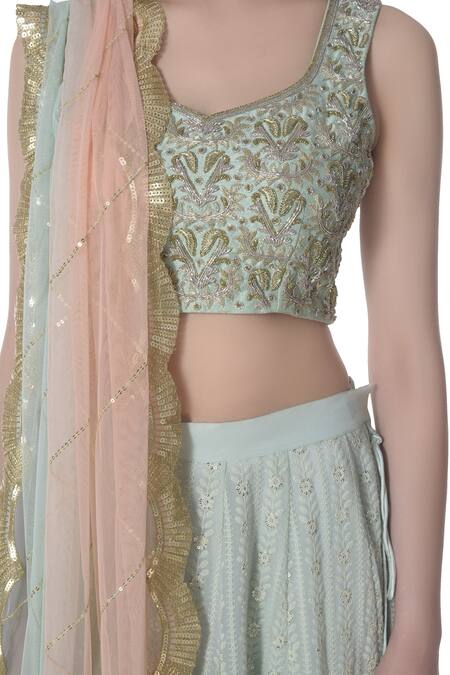 Buy_Bhumika Grover_Green Leaf Neck Lucknowi Lehenga Set_Online_at_Aza_Fashions