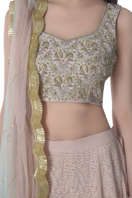 Buy_Bhumika Grover_Pink Leaf Neck Lucknowi Lehenga Set_Online_at_Aza_Fashions