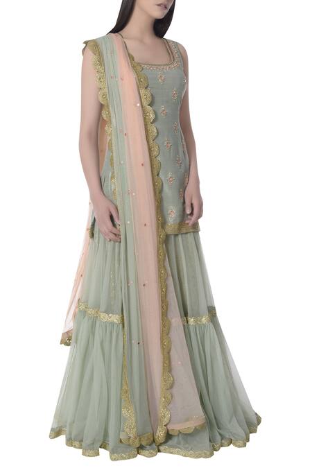 Bhumika Grover_Green U Neck Embroidered Kurta Gharara Set_Online_at_Aza_Fashions
