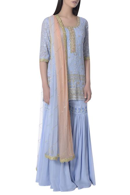 Bhumika Grover_Blue U Neck Lucknowi Kurta Sharara Set_Online_at_Aza_Fashions