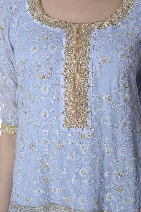 Buy_Bhumika Grover_Blue U Neck Lucknowi Kurta Sharara Set_Online_at_Aza_Fashions