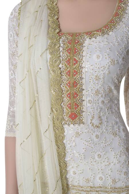 Buy_Bhumika Grover_Off White U Neck Lucknowi Kurta Sharara Set_Online_at_Aza_Fashions