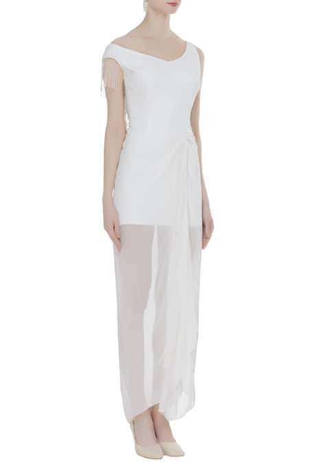 Arpan Vohra_White Tulle, Georgette V Neck Gathered Maxi Dress _Online_at_Aza_Fashions