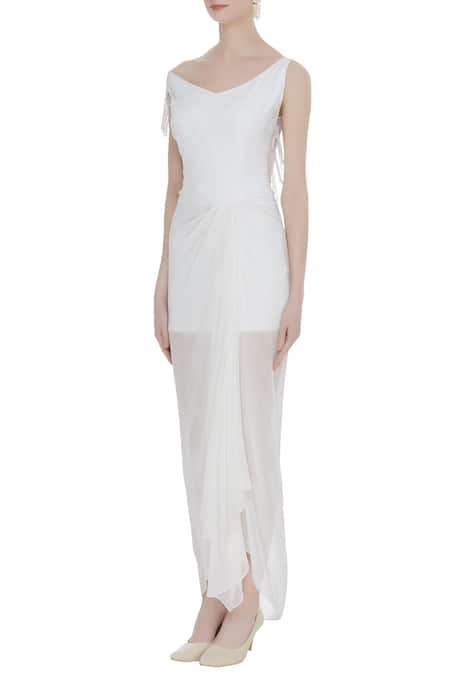 Buy_Arpan Vohra_White Tulle, Georgette V Neck Gathered Maxi Dress _Online_at_Aza_Fashions