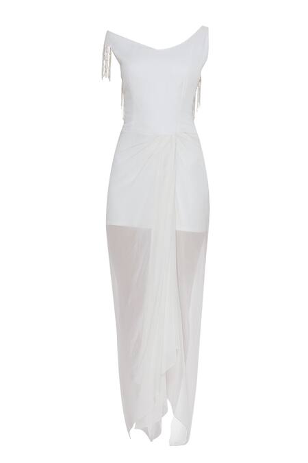 Shop_Arpan Vohra_White Tulle, Georgette V Neck Gathered Maxi Dress _Online_at_Aza_Fashions