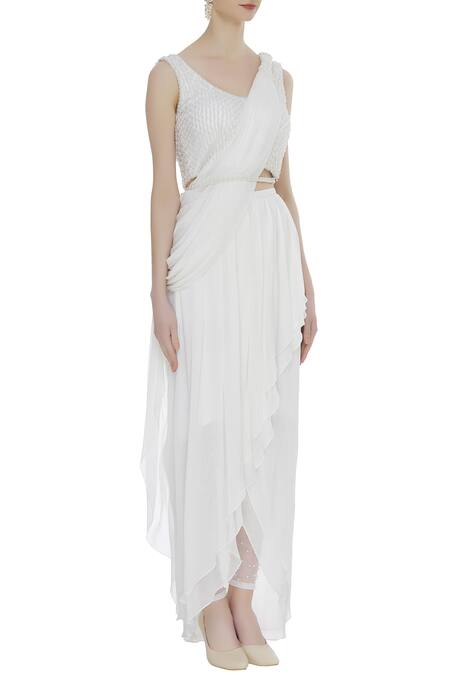 Arpan Vohra_Off White Georgette Leaf Neck Embellished Pre-draped Saree Set _Online_at_Aza_Fashions