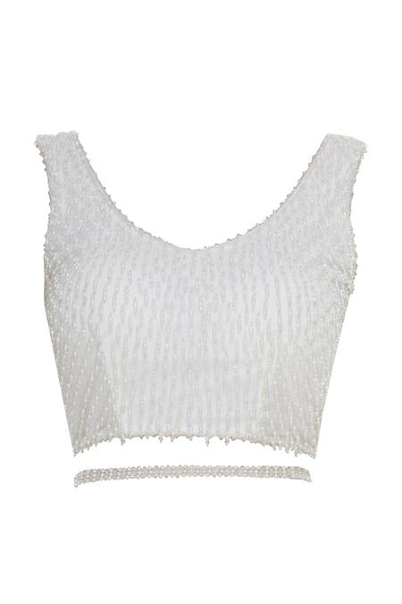 Shop_Arpan Vohra_Off White Georgette Leaf Neck Embellished Pre-draped Saree Set _Online_at_Aza_Fashions