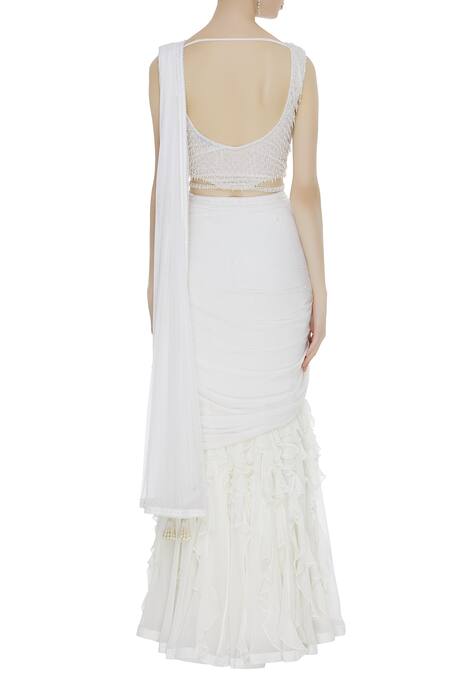 Shop_Arpan Vohra_White Georgette Leaf Neck Ruffle Style Saree With Blouse _at_Aza_Fashions
