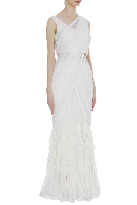 Arpan Vohra_White Georgette Leaf Neck Ruffle Style Saree With Blouse _Online_at_Aza_Fashions