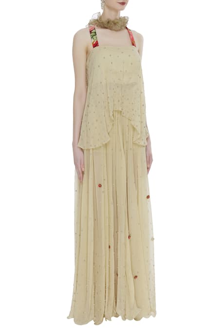 Arpan Vohra_Beige Georgette Sweetheart Neck Asymmetric Kurta With Dupatta _Online_at_Aza_Fashions