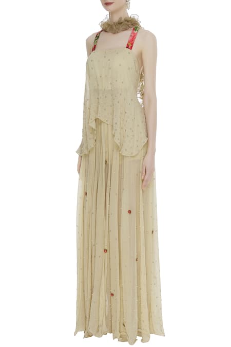 Buy_Arpan Vohra_Beige Georgette Sweetheart Neck Asymmetric Kurta With Dupatta _Online_at_Aza_Fashions