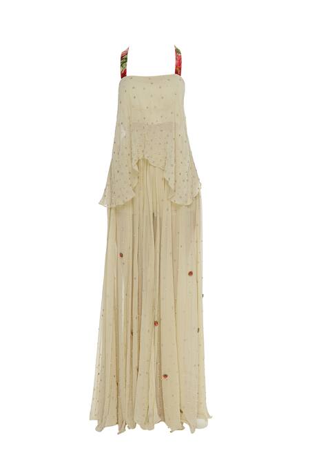 Shop_Arpan Vohra_Beige Georgette Sweetheart Neck Asymmetric Kurta With Dupatta _Online_at_Aza_Fashions