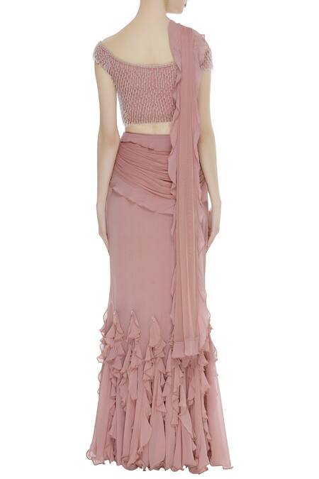 Shop_Arpan Vohra_Peach Georgette Bardot Pre-draped Lehenga Saree With Blouse _at_Aza_Fashions