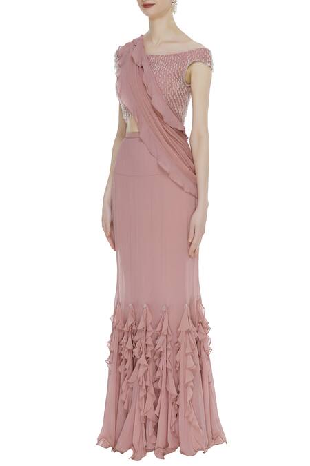 Arpan Vohra_Peach Georgette Bardot Pre-draped Lehenga Saree With Blouse _Online_at_Aza_Fashions