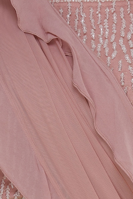 Arpan Vohra_Peach Georgette Bardot Pre-draped Lehenga Saree With Blouse _at_Aza_Fashions