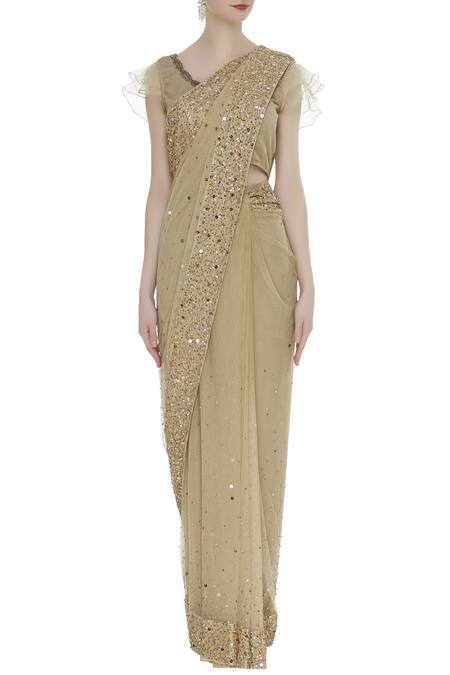 Arpan Vohra_Gold Tulle Round Embroidered Saree With Blouse _Online_at_Aza_Fashions