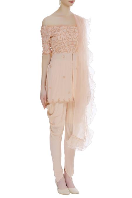 Arpan Vohra_Peach Georgette Bardot Embroidered Kurta And Dhoti Pant Set _Online_at_Aza_Fashions