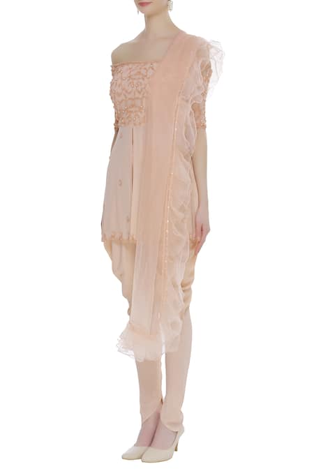Buy_Arpan Vohra_Peach Georgette Bardot Embroidered Kurta And Dhoti Pant Set _Online_at_Aza_Fashions