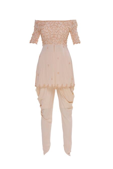 Shop_Arpan Vohra_Peach Georgette Bardot Embroidered Kurta And Dhoti Pant Set _Online_at_Aza_Fashions