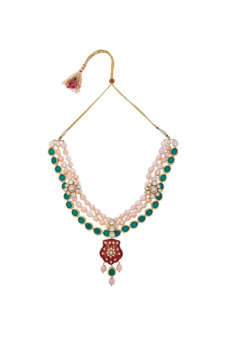 Moh-Maya By Disha Khatri_Multi Color Meenakari Pendant Necklace With Pearls_Online_at_Aza_Fashions