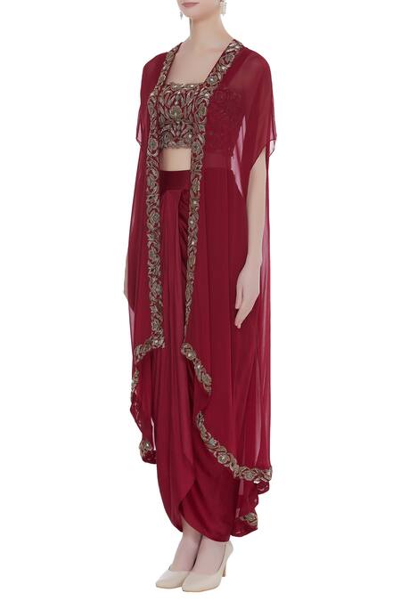 Kresha Lulla_Maroon Raw Silk Embellished Cape And Draped Skirt Set_Online_at_Aza_Fashions