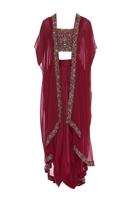 Buy_Kresha Lulla_Maroon Raw Silk Embellished Cape And Draped Skirt Set_Online_at_Aza_Fashions