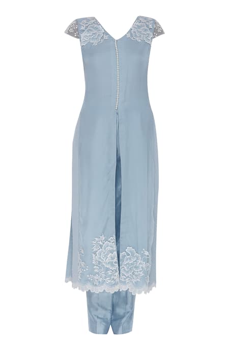 Buy_Archana Rao_Blue Satin Print Beads Mandarin Pearl And Floral Embroidered Kurta Set  _Online_at_Aza_Fashions