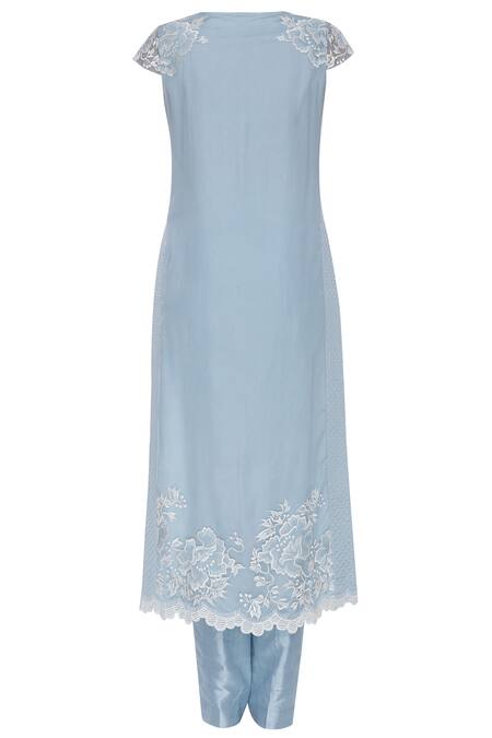 Shop_Archana Rao_Blue Satin Print Beads Mandarin Pearl And Floral Embroidered Kurta Set  _Online_at_Aza_Fashions