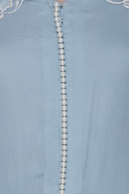 Archana Rao_Blue Satin Print Beads Mandarin Pearl And Floral Embroidered Kurta Set  _at_Aza_Fashions