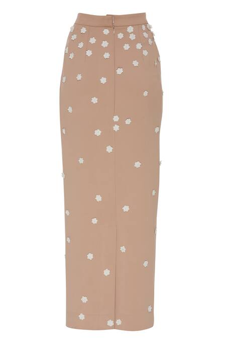 Archana Rao_Beige Neoprene Cutdana, Beads Notched Floral Applique Maxi Skirt _Online_at_Aza_Fashions