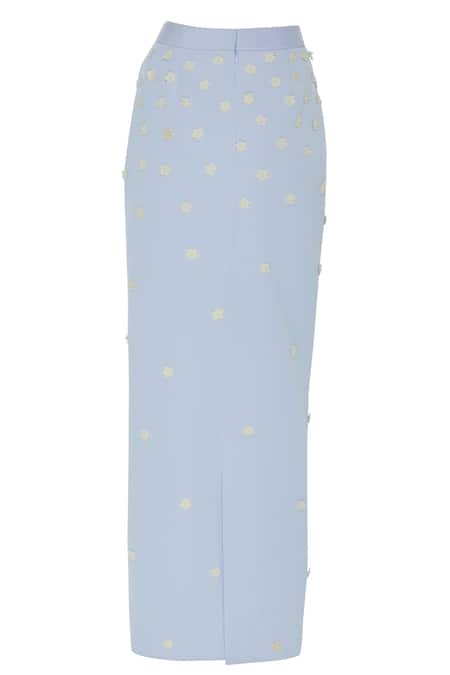 Archana Rao_Blue Neoprene Cutdana, Beads Notched Floral Applique Maxi Skirt _Online_at_Aza_Fashions