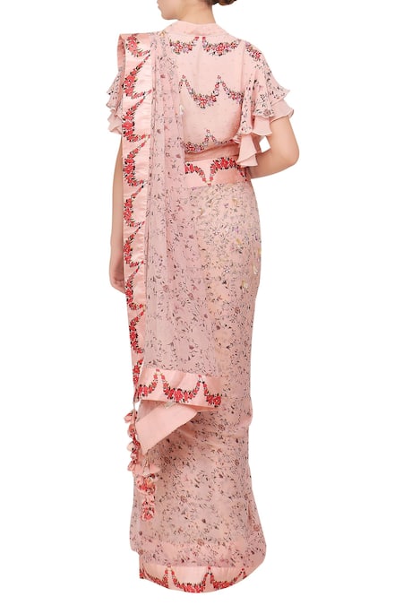 Shop_Nikasha_Pink Chiffon V Neck Hand Painted Saree With Blouse _at_Aza_Fashions