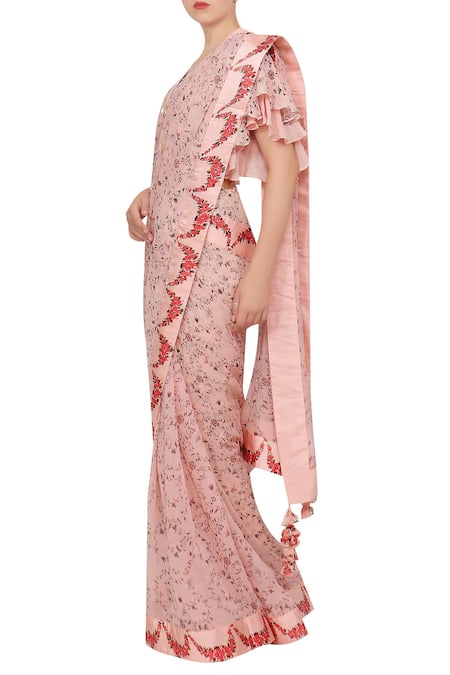 Buy_Nikasha_Pink Chiffon V Neck Hand Painted Saree With Blouse _Online_at_Aza_Fashions