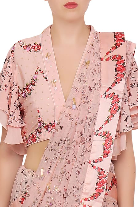 Shop_Nikasha_Pink Chiffon V Neck Hand Painted Saree With Blouse _Online_at_Aza_Fashions