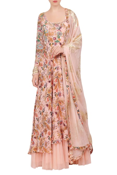 Nikasha Pink U Neck Hand Painted Anarkali With Dupatta 