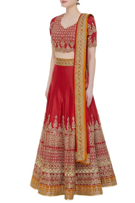 Buy Vandana Sethi Red V Neck Embroidered Bridal Lehenga Set Online at Aza Fashions Buy_Vandana Sethi_Red V Neck Embroidered Bridal Lehenga Set_Online_at_Aza_Fashions