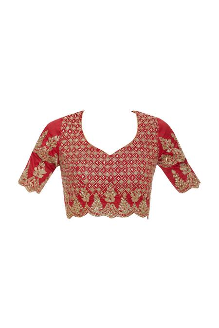 Shop Vandana Sethi Red V Neck Embroidered Bridal Lehenga Set Online at Aza Fashions Shop_Vandana Sethi_Red V Neck Embroidered Bridal Lehenga Set_Online_at_Aza_Fashions