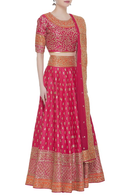 Vandana Sethi_Pink Round Embroidered Bridal Lehenga Set _Online_at_Aza_Fashions