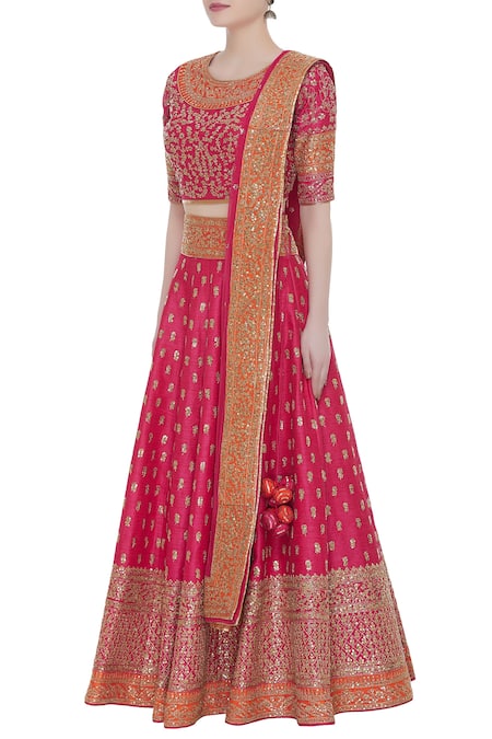 Buy_Vandana Sethi_Pink Round Embroidered Bridal Lehenga Set _Online_at_Aza_Fashions